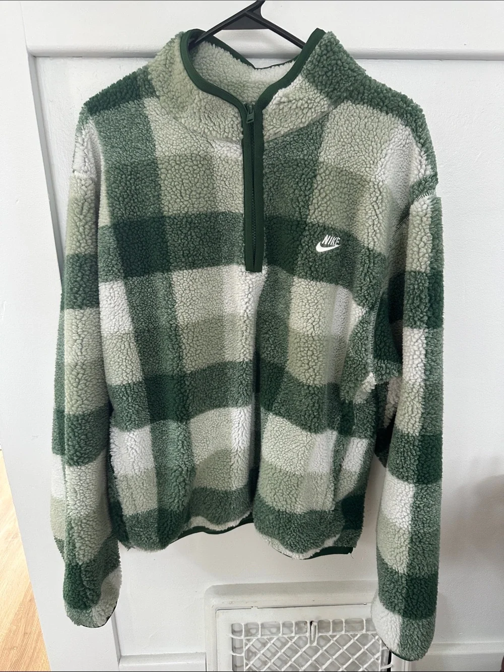 Nike Men’s Green and Cream Plaid Sherpa Quarter-Zip Pullover